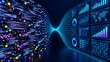 © Ahmed - Chaotic raw digital data blocks transforming into structured analytics dashboards through central network node illustrating big data processing system