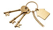 © Cian - Three ornate brass keys with a house-shaped charm on a keyring, isolated on transparent background