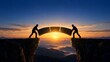 © jasjussegar - Two silhouetted men build a stone bridge connecting two cliffs at sunset symbolizing teamwork and connection across a vast landscape.