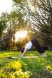 © leungchopan - Woman doing downward dog yoga pose in park