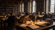 © tya - Students studying in traditional library with vintage bookshelf atmosphere.