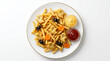 © FATACHUL NIAM - Delicious Halloween party food with French fries ghost shaped nuggets decorative spiders and sauce bowls on a ceramic plate isolated on white