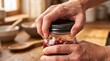 © sangita - Close up of man hands opening or closing a glass jar of homemade berry jam in the kitchen