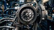 © DigitalSpace - Spinning turbocharger blades with oil sheen and motion blur on an engine test stand, cooling fins catching light