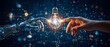 © MonoVault - Human hand and robot arm reaching towards a glowing light bulb with a brain inside, symbolizing artificial intelligence and human innovation connection