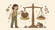 © AndhikaRff - Young woman balancing mechanical heart and weights on vintage scale beside backpack frog
