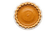 © M Zahira - Traditional pumpkin pie with fluted crust, overhead view of whole baked autumn dessert, classic orange holiday pastry on white background