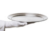 © Ciara - Isolated elegant gloved hand of a professional server holding a shiny empty silver metal serving tray