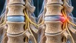 © Alamin - Medical comparison of a healthy lumbar spinal disc versus a herniated disc compressing a nerve.