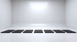 © Color Zoo - Seven black rectangular platforms arranged linearly inside a minimalist white bright studio display
