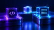 © AI Image Studio - Automated software deployment pipeline concept, 3D render of code migrating to server storage via digital conveyor belt with neon illumination