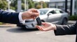 © Novi - Car Keys Exchange Between a Dealer and a New Owner at a Car Dealership Outdoor Lot