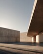 © Helena - Minimalist architectural structure with concrete walls, geometric shadows, and a clear sky, showcasing clean lines and a neutral beige color palette