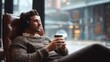 © Hot - close up cozy lifestyle scene of a stylish man in his 30s sitting in a sophisticated lounge chair, wearing wireless headphones and holding a simple