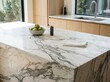 © LEXI - Luxury marble kitchen island with dramatic veining and fresh green apples, natural light composition