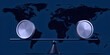 © Zemul Designs - Silver Coins Balanced on Scale Lever in Front of World Map for Economic Parity