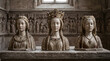 © Brata - Three exquisitely detailed busts of medieval queens or noblewomen stand proudly, adorned with crowns and elaborate period attire, set against a backdrop of ancient stone architecture with intricate...