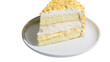 © Cian - Isolated delectable slice of layered sponge cake with creamy filling and crispy crumbs.