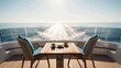 © HETA DESIGN - Photorealistic wide view of a yacht stern deck with a wooden table set with coffee cups and a pastry, facing a sunlit ocean wake. Luxury yacht breakfast and travel lifestyle
