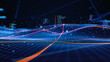 © Gorodenkoff - Abstract Technology Visualisation Showing a Glowing Blue Wireframe Data Grid With Orange Trajectory Curves, Floating Particles and a Json Telemetry Readout of Coordinates, Values and Quality Metrics.