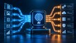© Add Win - Digital processor with a brain icon connecting to labeled interface panels illustrating artificial intelligence driving secure data processing and automated workflows