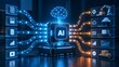 © Add Win - Digital brain hovering over an AI processor connected to industrial and data interfaces symbolizing intelligent automation and smart logistics management