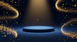 © Fine Craft - Dark blue stage with circular podium and swirling golden dust perfect for professional luxury product showcases and magical presentation events
