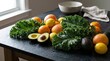 © True Stock - Fresh organic fruits and leafy greens arranged on a dark stone countertop