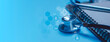 © Krittamet - Medical, healthcare and insurance concept, health insurance, medical protection, patient safety, healthcare management, coverage and risk protection. Stethoscope and security icons, banner background