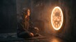 © ForAll - Young woman meditating in a dimly lit room facing a glowing modern clock on the wall