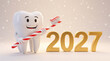 © Irina Kalinina - Smiling cartoon tooth holding a candy cane beside golden numbers two thousand twenty seven on a soft studio background. Pediatric dental hygiene, New Year event.