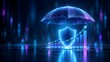 © Ridwan_DigitalGrid - Glowing blue digital umbrella protecting a security shield and an upward trending bar chart, representing financial growth, wealth protection, and business risk management.