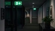 © Arfa_Media - Corridor and hallway in a dark modern office building with glowing emergency sign