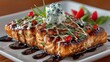 © OTaone - Deliciously Grilled Salmon Fillet with Sauces, Fresh Herbs, and Colorful Garnishes on a White Plate for Gourmet Culinary Presentation