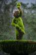 © Nikolay - Old statue covered in green moss standing on a fountain in a misty garden Mystical ancient stone sculpture covered with lush moss in an overgrown park Antique garden statue covered in thick vibrant mo