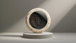 © Toufiqul - A circular stone frame with a textured beige surface containing a dark grey center filled with coarse soil on a cylindrical pedestal, studio shot