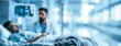 © Snowstudio - Doctor talking to a patient in a hospital bed in a medical setting, blurred background