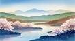 © Dun Dun - 桜舞う湖畔の山並み、春の風景画