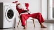 © Bonsales - Santa Claus sleeping, tired after Christmas holiday, relaxing beside a washing machine in laundry room