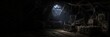 © Margarita Ratatosk - Spooky dark attic with cobwebs, spiders and old rocking chair at night. Abandoned house interior with vintage portraits, doll and chest. Banner with copy space