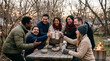 © Anastasia Mart - Friends toasting beer steins around picnic table outdoors, cheerful gathering and social bonding on Bavarian beer festival