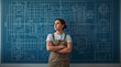 © Bernd Schmidt - Young woman engineer standing before blueprint with thoughtful confident professional mood generative AI