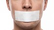 © Abdul - Man with mouth taped shut showing clear censorship using plain white adhesive strip on white background