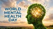 © Sharminakter - Human head profile shape formed by lush green trees and leaves against a bright sunset sky celebrating world mental health day