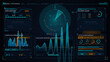 © Антон Сальников - A dark futuristic interface displays a circular radar scan alongside waveform graphs, bar charts, numeric readings and system diagnostic panels in cyan and amber
