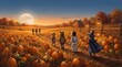 © BijoyKumar - Children exploring autumn pumpkin patch at sunset with full moon