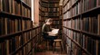 © AdPremium - Young woman sitting on a wooden stool reading an old book in a vintage library surrounded by tall bookshelves