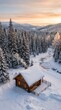 © PixelAI - Snowy mountain cabin in winter landscape