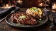 © Thanura - Premium Grilled Ribeye Steak with Loaded Baked Potato in Upscale Steakhouse Setting