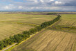 © Amazing Aerial - Aerial view of an oak-lined country road winding through vast agricultural fields in the Kashubia region under a dramatic cloudy sky, Pomeranian Voivodeship, Poland.